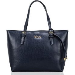 SKÓRZANA SHOPPERKA FELICE GOLD LUNA GRANATOWA. Niebieskie torby damskie na zakupy Tagless, w paski, z bawełny, na ramię, bez dodatków. Za 319,00 zł.