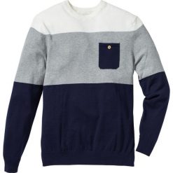 Sweter z kieszonką bonprix ciemnoniebiesko-jasnoszaro-biały w paski. Szare swetry męskie marki bonprix, s, w paski, bez kołnierzyka, bez kaptura. Za 74,99 zł.