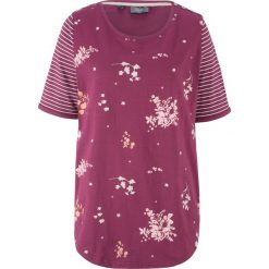 Shirt bawełniany z plisą guzikową bonprix jeżynowy z nadrukiem. Fioletowe koszulki damskie bonprix, z nadrukiem, z bawełny, bez kołnierzyka. Za 32,99 zł.