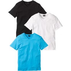 T-shirt z dekoltem w serek (3 szt.) bonprix biały + turkusowy + czarny. Białe koszulki męskie bonprix, s, bez wzorów, z dekoltem w serek. Za 83,97 zł.