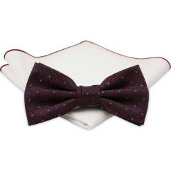 Bordowa Mucha z Białą Poszetką -CHATTIER- Męska, Wzór Geometryczny MUCH0470. Czerwone muszki męskie Chattier, na imprezę, w paski, eleganckie. Za 44,00 zł.