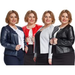 Elegancki taliowany żakiet z ekoskóry chanelka PLUS SIZE. Czarne żakiety damskie Moda Size Plus Iwanek, l, bez wzorów, z materiału. Za 129,00 zł.