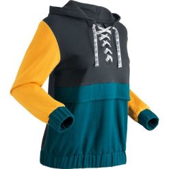 Bluza bawełniana z kapturem, długi rękaw bonprix czarno-niebieskozielono-miodowy. Czarne bluzy damskie bonprix, bez wzorów, z bawełny, z długim rękawem, długie, z kapturem. Za 89,99 zł.