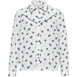 Bluzka w kwiaty bonprix biel wełny - jasnoniebieski w kwiaty. Białe koszulki damskie marki bonprix, w kwiaty, z wełny, bez kołnierzyka. Za 54,99 zł.