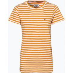 Tommy Jeans - T-shirt damski z dodatkiem lnu, żółty. Żółte t-shirty damskie Tommy Jeans, m, w paski, z jeansu, klasyczne, z klasycznym kołnierzykiem. Za 89,95 zł.