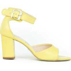 Sandałki na słupku - skóra naturalna - model 348 - kolor bananowy. Żółte sandały damskie Zapato, bez wzorów, ze skóry, bez obcasa, na słupku, bez zapięcia. Za 289,00 zł.