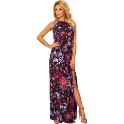 Maxi Sukienka Wiązana na Szyi w Kwiaty - Fioletowa. Fioletowe podkoszulki damskie Molly.pl, na imprezę, na lato, s, w kwiaty, eleganckie, bez kołnierzyka, bez rękawów, maxi. Za 179,90 zł.