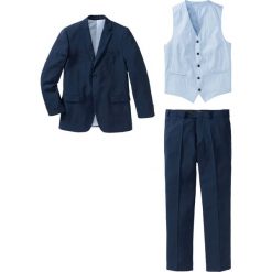 Garnitur 5-częściowy (marynarka, spodnie, kamizelka, krawat i chusteczka do butonierki) bonprix ciemnoniebieski. Niebieskie krawaty męskie bonprix, m, bez wzorów, eleganckie. Za 399,99 zł.