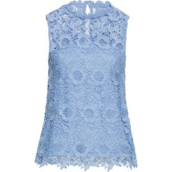 Top z koronką bonprix perłowy niebieski. Niebieskie topy damskie bonprix, w koronkowe wzory, z koronki, bez kołnierzyka. Za 99,99 zł.
