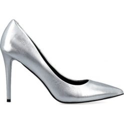 Szpilki srebrne. Szare czółenka damskie ze skóry, eleganckie, na wysokim obcasie. Za 269,00 zł.