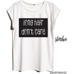 Long hair don't care, t-shirt. Czarne bluzki damskie marki Pakamera, z napisami. Za 65,00 zł.