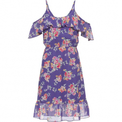 Sukienka z falbanami: must have bonprix hiacyntowy z nadrukiem. Fioletowe sukienki damskie letnie marki bonprix, z nadrukiem. Za 44,99 zł.