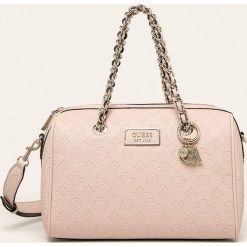Guess Jeans - Torebka. Różowe torby damskie na zakupy Guess Jeans, w paski, z bawełny, na ramię, z aplikacjami. W wyprzedaży za 529,90 zł.