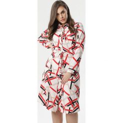 Biało-Czerwona Sukienka Peterson. Białe sukienki damskie Born2be, xl, bez wzorów, eleganckie, z wykładanym kołnierzem, bez rękawów, długie, midi, rozkloszowane. Za 79,99 zł.