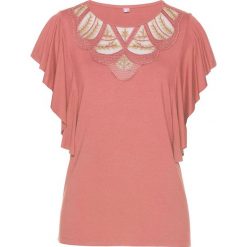 Shirt z koronką bonprix dymny brzoskwiniowy. Różowe koszulki damskie bonprix, w koronkowe wzory, z koronki, bez kołnierzyka, bez rękawów. Za 59,99 zł.