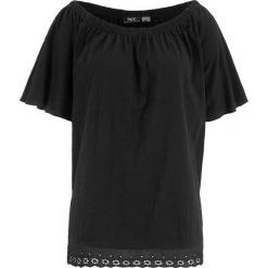 Shirt bawełniany "carmen" z ażurowym haftem bonprix czarny. Czarne koszulki damskie bonprix, z haftami, z bawełny, bez kołnierzyka, bez rękawów. Za 59,99 zł.