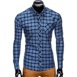 Koszula męska w kratę z długim rękawem K418 - granatowa/zielona. Zielone koszule męskie Ombre Clothing, s, bez wzorów, bez kołnierzyka, z długim rękawem. Za 39,00 zł.