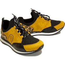 RIEKER N3083-68 yellow combination, półbuty damskie. Żółte półbuty damskie Rieker, bez wzorów, bez obcasa, na sznurówki. Za 259,90 zł.