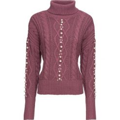 Golfy damskie: Sweter w warkocze, z perełkami bonprix matowy jeżynowy