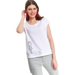 T-shirt krótki rękaw damski z nadrukiem. Białe t-shirty damskie Top Secret, z nadrukiem, bez kołnierzyka. W wyprzedaży za 24,99 zł.