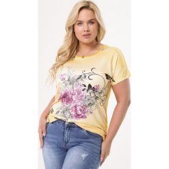 Żółta Bluzka Renascence. Żółte bluzki damskie Born2be, xl, z aplikacjami, z dzianiny, z okrągłym kołnierzem, z krótkim rękawem. Za 39,99 zł.