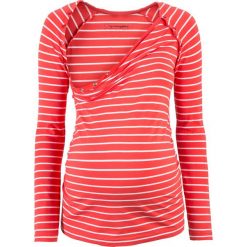 Shirt ciążowy i do karmienia piersią, z napami bonprix koralowo-biały w paski. Czerwone bluzki ciążowe bonprix, w paski, z bawełny, bez kołnierzyka, z długim rękawem. Za 74,99 zł.
