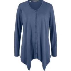 Sweter rozpinany z dłuższymi bokami bonprix indygo. Niebieskie swetry damskie bonprix, bez wzorów, bez rękawów, bez kaptura. Za 74,99 zł.