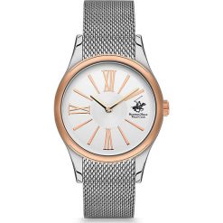 Zegarek kwarcowy w kolorze srebrno-różowozłoto-białym. Szare, analogowe zegarki damskie Beverly Hills Polo Club, metalowe. W wyprzedaży za 299,95 zł.