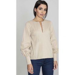 Beżowa Bluzka Koszulowa z Rozcięciem przy Dekolcie. Brązowe bluzki koszulowe Molly.pl, l, z bawełny, eleganckie. Za 125,90 zł.