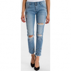 Dżinsy "Gwen" - Loose fit - w kolorze błękitnym. Niebieskie spodnie z wysokim stanem marki Cross Jeans, z aplikacjami. W wyprzedaży za 136,95 zł.