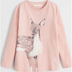 Mango Kids - Longsleeve dziecięcy Deer 110-164 cm. Różowe bluzki dziewczęce Mango Kids, z nadrukiem, z bawełny, z okrągłym kołnierzem, z krótkim rękawem, krótkie, bez kaptura. Za 59,90 zł.