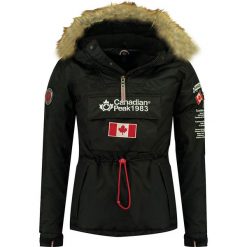 Kurtka zimowa w kolorze czarnym. Czarne płaszcze męskie Canadian Peak, na zimę, s, z haftami, krótkie, bez kaptura. W wyprzedaży za 327,95 zł.