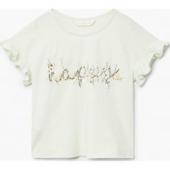 Mango Kids - Top dziecięcy Japi 110-164 cm. Szare bluzki dziewczęce marki Mango Kids, z nadrukiem, z bawełny, z okrągłym kołnierzem, z krótkim rękawem. W wyprzedaży za 29,90 zł.