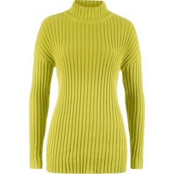 Sweter bawełniany ze stójką bonprix pistacjowy. Zielone swetry damskie marki bonprix, bez wzorów, z bawełny, bez rękawów, bez kaptura. Za 49,99 zł.