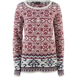Sweter bonprix biel wełny - czerwony klonowy wzorzysty. Białe swetry klasyczne damskie marki bonprix, z wełny. Za 32,99 zł.
