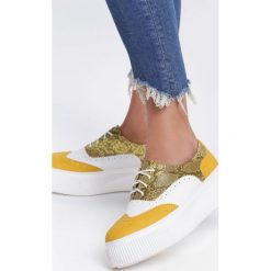 Musztardowe Creepersy Meretricious. Żółte półbuty damskie vices, bez wzorów, bez obcasa, na platformie, na sznurówki. Za 74,99 zł.