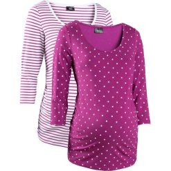 Shirt ciążowy biznesowy (2 szt.), bawełna organiczna bonprix fioletowa orchidea w groszki + w paski. Fioletowe koszulki damskie bonprix, w paski, z bawełny, biznesowe, bez kołnierzyka. Za 59,98 zł.