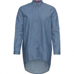 Bluzka dżinsowa, szeroki fason z dłuższymi bokami, długi rękaw bonprix niebieski. Niebieskie bluzki longsleeves bonprix. Za 89,99 zł.