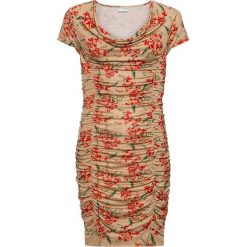 Sukienka ze stretchem i drapowaniem bonprix beżowo-pomarańczowy w kwiaty. Brązowe sukienki damskie bonprix, z nadrukiem, eleganckie, bez kołnierzyka, bez rękawów. Za 69,99 zł.