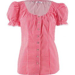 Bluzka ludowa z dekoltem "carmen" bonprix truskawkowo-biały w kratę. Czerwone koszulki damskie bonprix, bez wzorów, bez kołnierzyka. Za 49,99 zł.