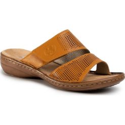 Klapki RIEKER - 60812-68 Gelb. Żółte klapki damskie Rieker, bez wzorów, ze skóry, bez obcasa. Za 209,00 zł.