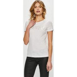 Guess Jeans - Top. Białe bluzki z odkrytymi ramionami marki Guess Jeans, s, z nadrukiem, z bawełny, z okrągłym kołnierzem. Za 169,90 zł.