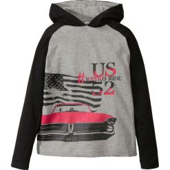 Shirt z kapturem bonprix czarno-jasnoszary melanż. Czarne koszule chłopięce z długim rękawem bonprix, z nadrukiem, z kapturem, długie. Za 24,99 zł.
