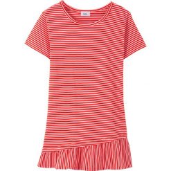 Shirt z falbaną bonprix truskawkowo-jasnoróżowy. Czerwone bluzki dziewczęce bonprix, na lato, w paski, z bawełny, bez kołnierzyka, bez rękawów, bez kaptura. Za 34,99 zł.