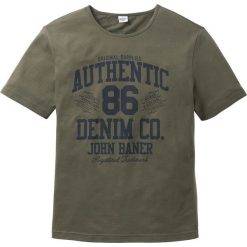 T-shirt z nadrukiem bonprix ciemnooliwkowy. Zielone t-shirty męskie bonprix, s, z nadrukiem, bez kołnierzyka. Za 34,99 zł.