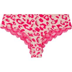 Figi brazylijskie bonprix w cętki leoparda. Pomarańczowe majtki damskie bonprix, z nadrukiem, z koronki. Za 24,99 zł.