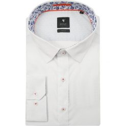 Biała Koszula Męska w Tłoczony Wzór -REY JAY- Slim Fit, z Długim Rękawem, Pomarańczowe Dodatki KSDWRJrap317309SL. Pomarańczowe koszule męskie Rey Jay, m, bez wzorów, z tkaniny, eleganckie, bez kołnierzyka, z długim rękawem. Za 129,00 zł.