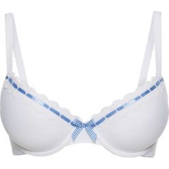 Biustonosz "push up" bonprix biało-niebieski. Białe biustonosze bardotka bonprix, z koronki. Za 37,99 zł.