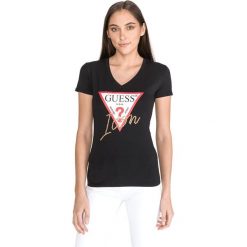 Guess Koszulka Czarny. Czarne koszulki damskie Guess, s, z nadrukiem, z elastanu, bez kołnierzyka, z krótkim rękawem. Za 123,95 zł.