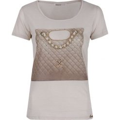 T-shirt EAN13 LAME BAG. Brązowe t-shirty damskie Ean13, bez wzorów, z jeansu, bez kołnierzyka. W wyprzedaży za 360,00 zł.